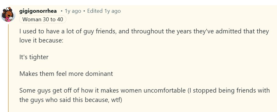 screenshot from Reddit comment on how anal sex feels like dominating the woman