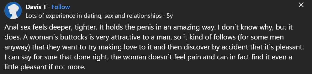 screenshot of a comment on Quora comment on how anal sex feels deeper and tighter